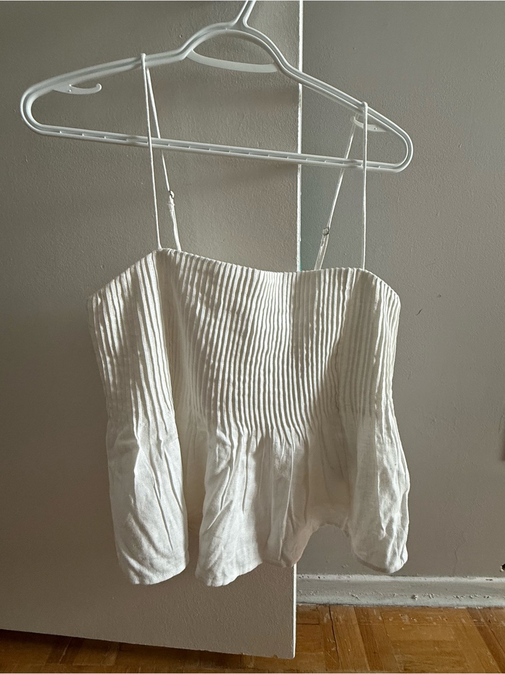 White Ribbed Spaghetti-Strap Linen Camisole Top